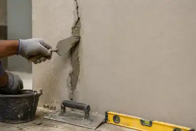 Reparo de trinca em parede de reboco com colher de pedreiro