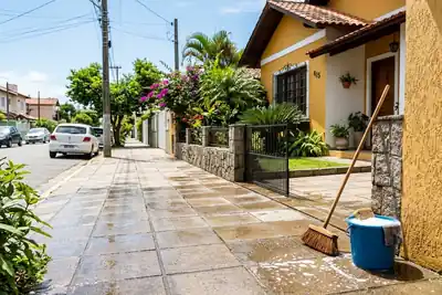 Lavagem e limpeza de calçada de concreto, piso renovado e limpo